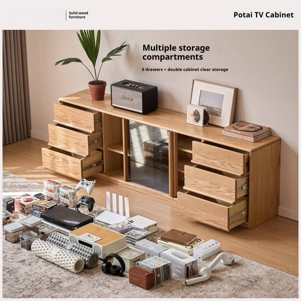 Oak Solid Wood TV Stand with Sliding Glass Doors and Drawers