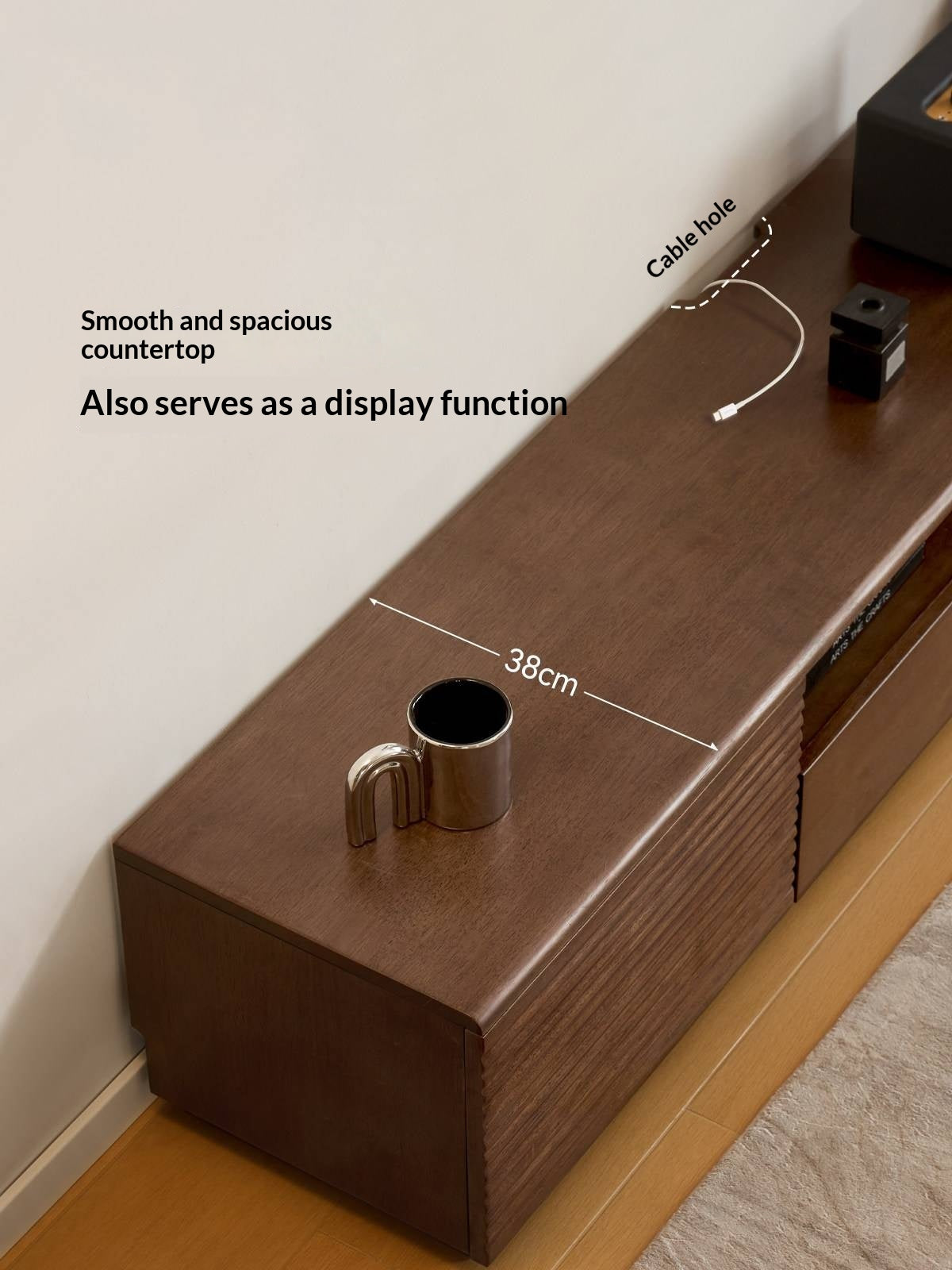 Solid RubberWood Fluted TV Media Console with Drawers and Open Shelf