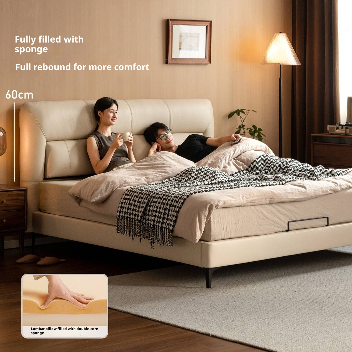 Genuine Leather Italian Light Luxury Soft Bed, White Cream Style