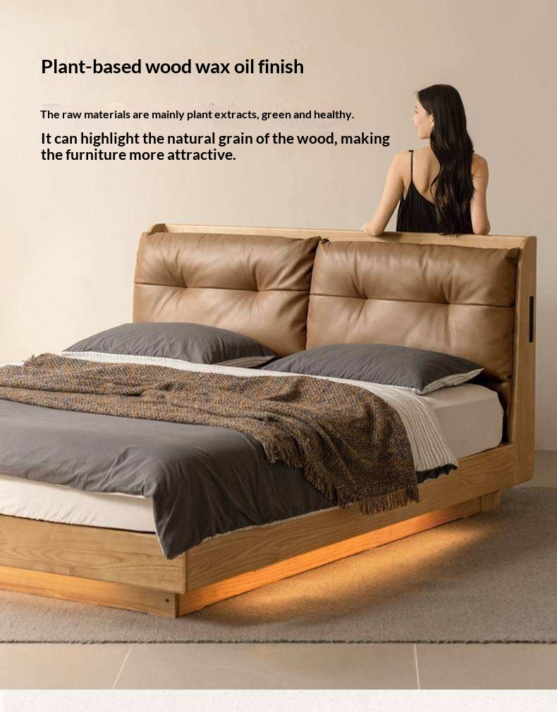 Ash Solid Wood Genuine Leather Upholstered Storage Bed with Electric Lift and LED Lighting