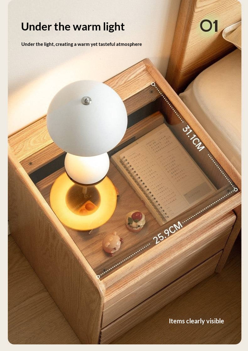 Ash Solid Wood Nightstand With Glass Top