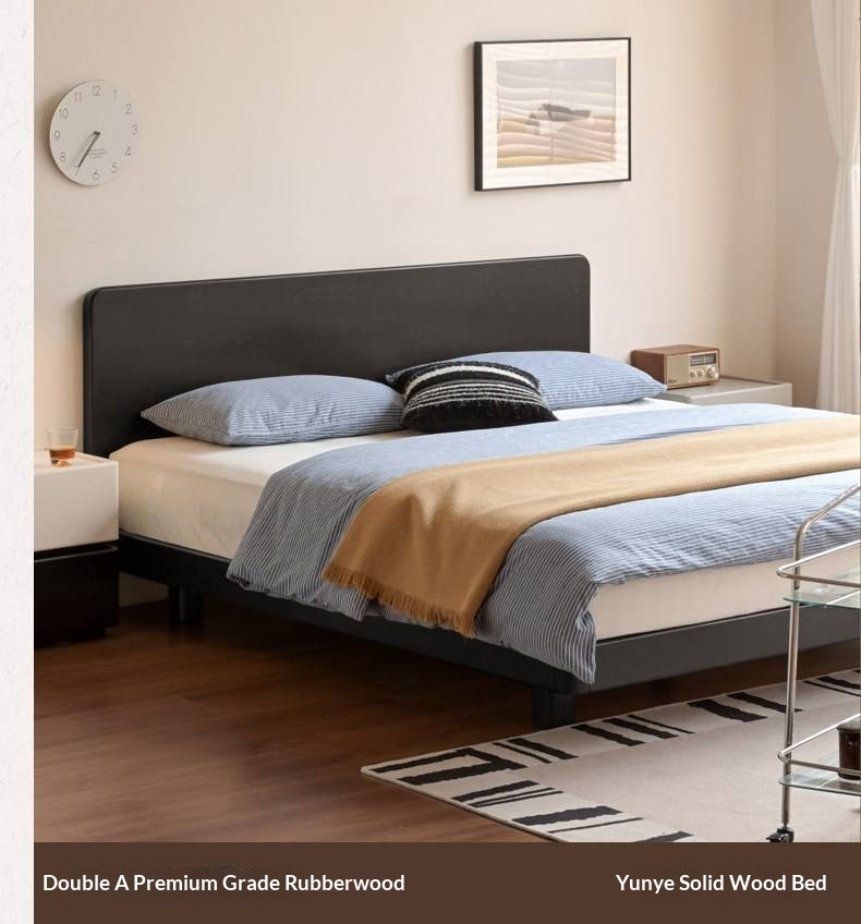Rubberwood Solid Wood Bed — Modern Minimalist Large Slab Black Floating Bed
