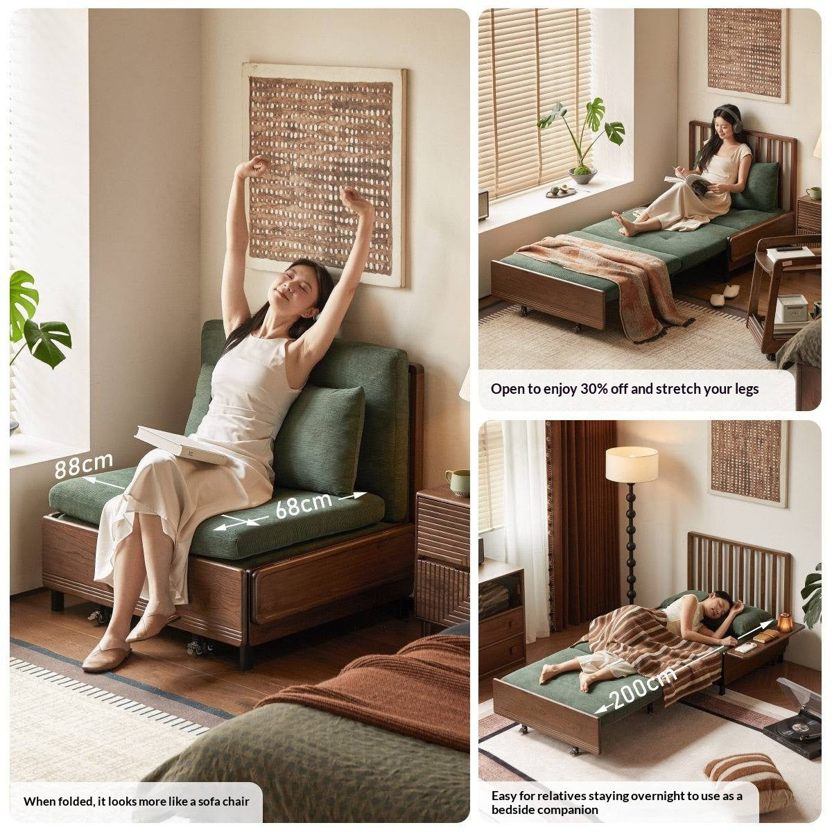 Black Walnut, Oak Solid Wood Sleeper Chair-sofa Bed with Attached Fold-Out Side Tray