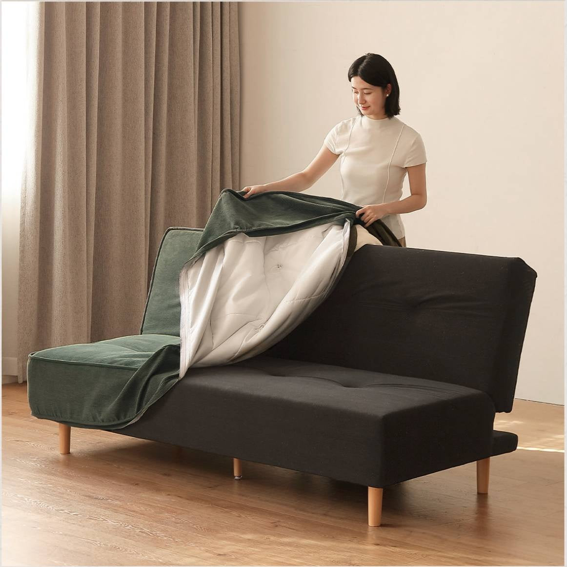 Armless Corduroy Futon Sofa Bed with Adjustable Backrest