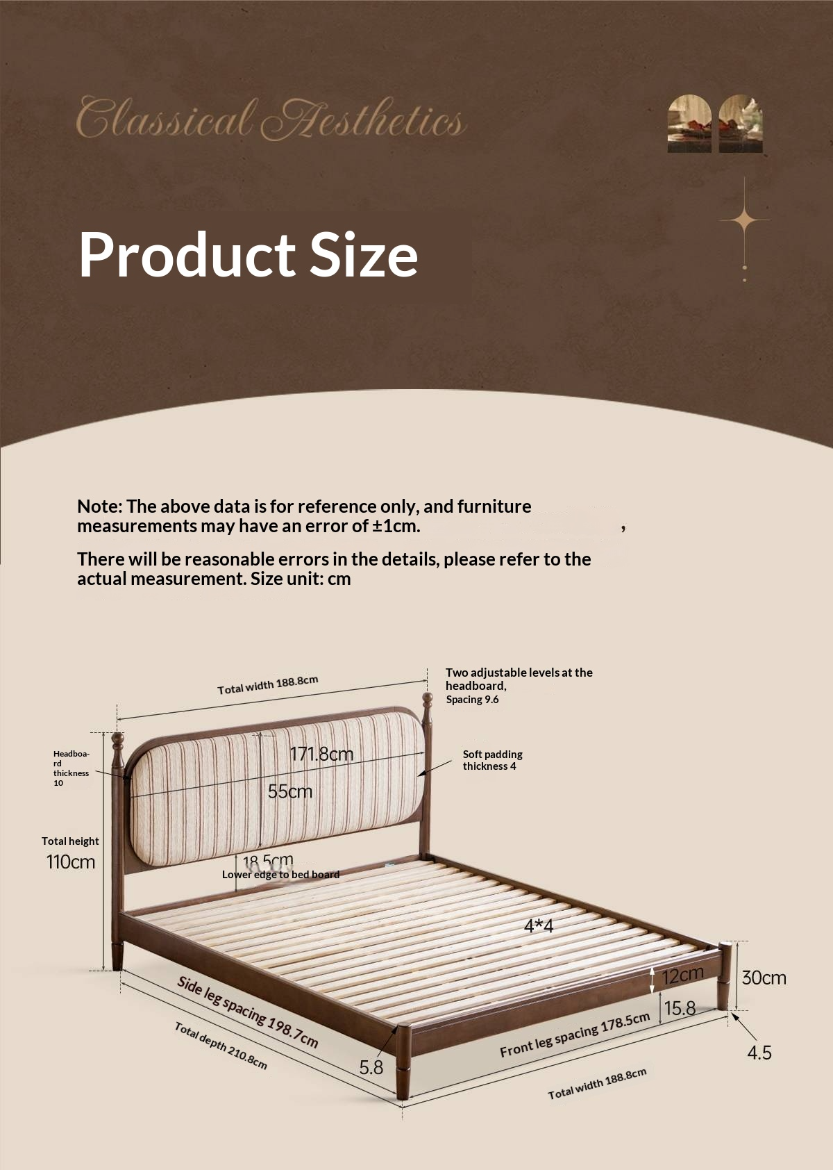 Rubberwood Solid Wood Four Poster Upholstered Bed with Adjustable Headboard
