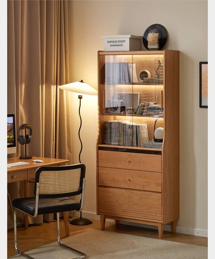 Cherry Solid Wood Glass Bookcase.