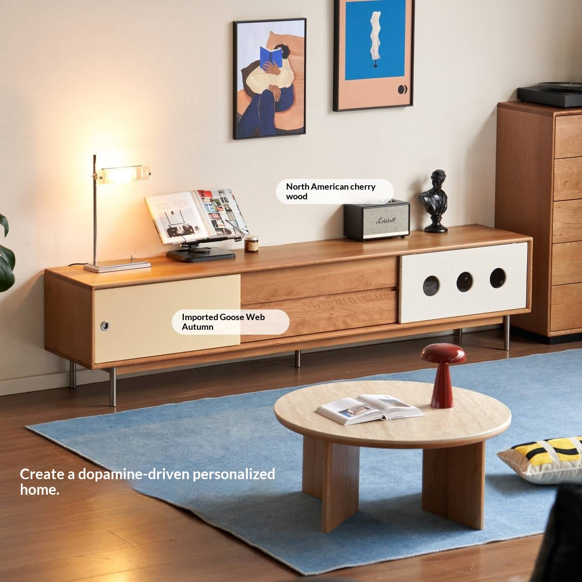 Cherry Solid Wood Bauhaus TV Stand with Color-Block Storage