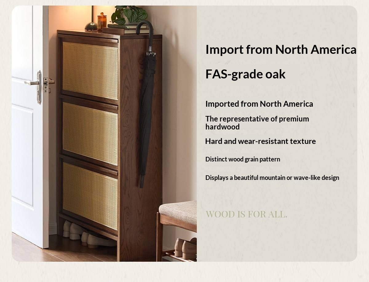 Oak Solid Wood Slim Entryway Shoe Cabinet with Rattan Flip-Down Doors