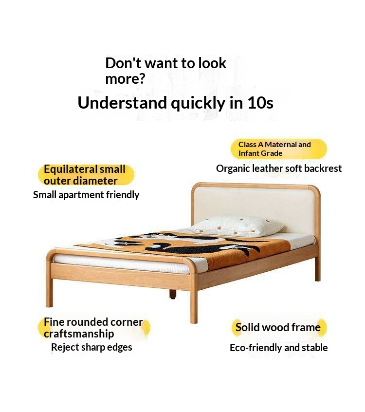 Beech Solid Wood Kids Bed with Adjustable Height and Rounded Corner Headboard