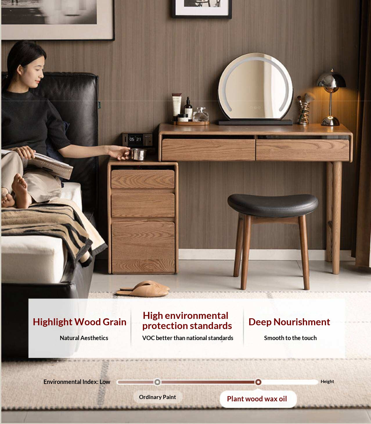 Ash Solid Wood Modern Vanity Table with Extendable Feature