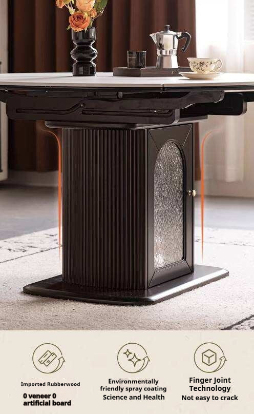 Rubberwood Solid Round Extendable Pedestal Dining Table with Stone Top and Storage Base