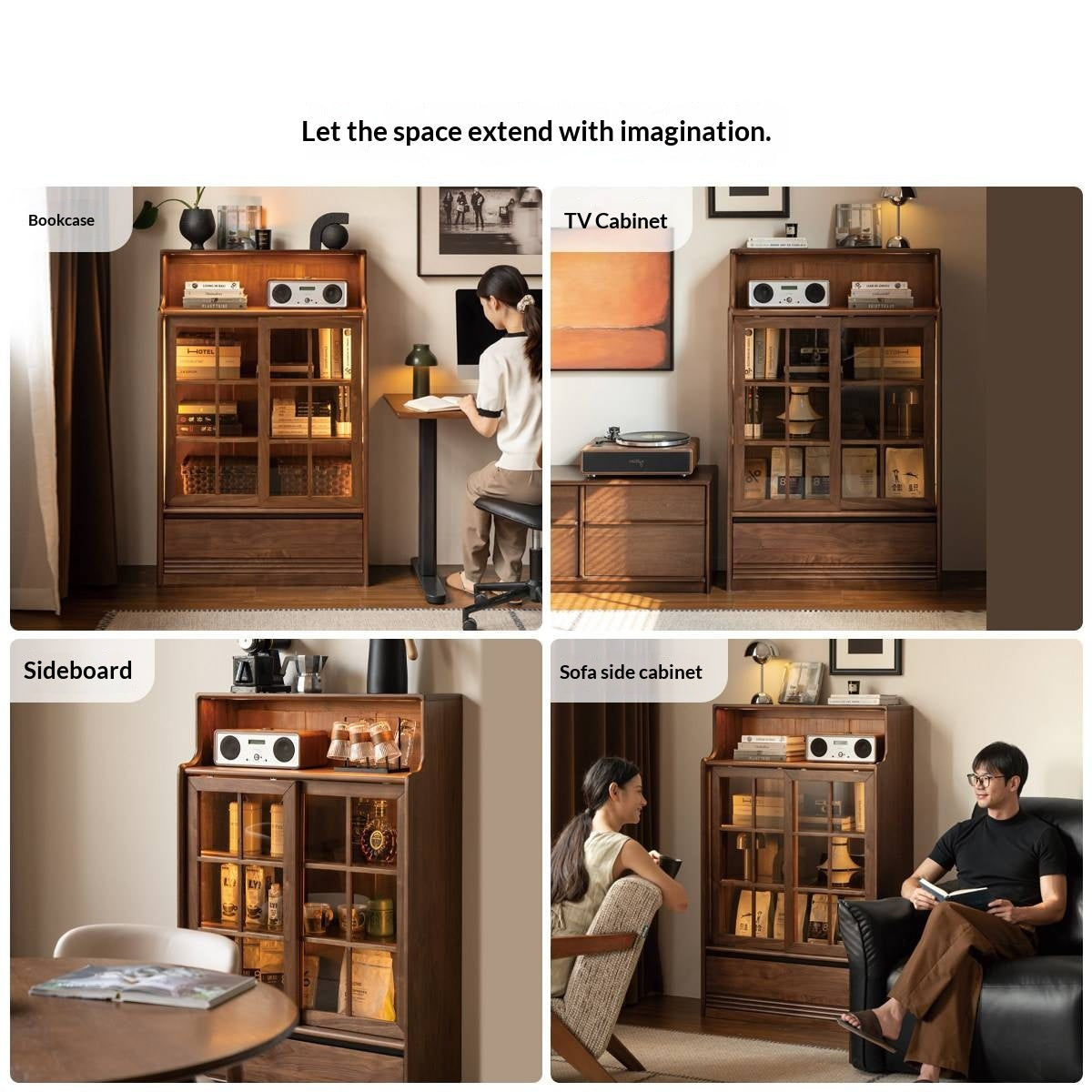 Black Walnut, Oak Solid Wood Bookcase with Storage Cabinet and Built-In Light