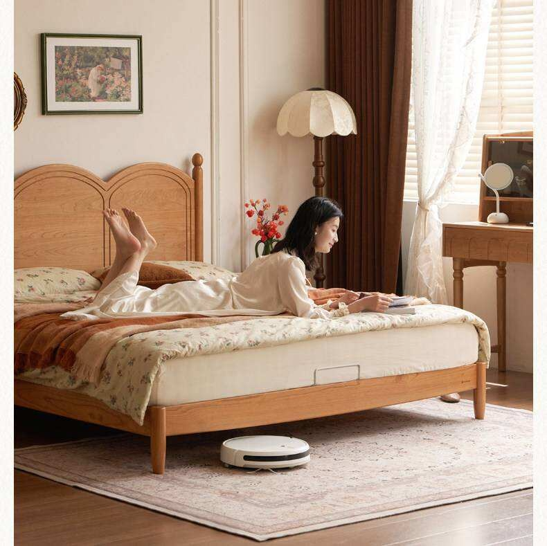 Cherry Solid Wood French Country Arched Platform Bed with Spindle Legs