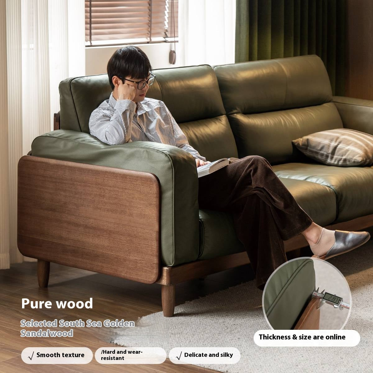 Sandalwood, Ash Solid Wood Genuine Leather, fabric High-Back Sofa