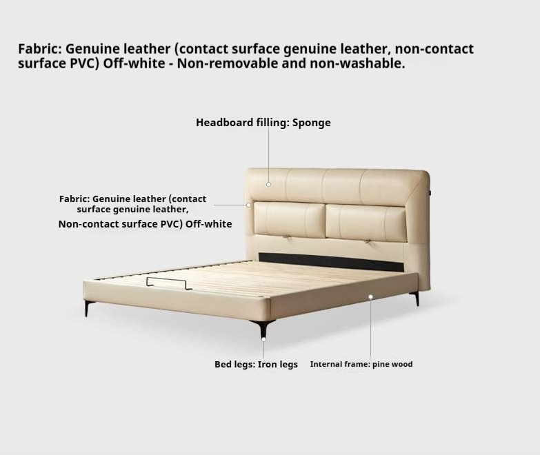 Genuine Leather Italian Light Luxury Soft Bed, White Cream Style