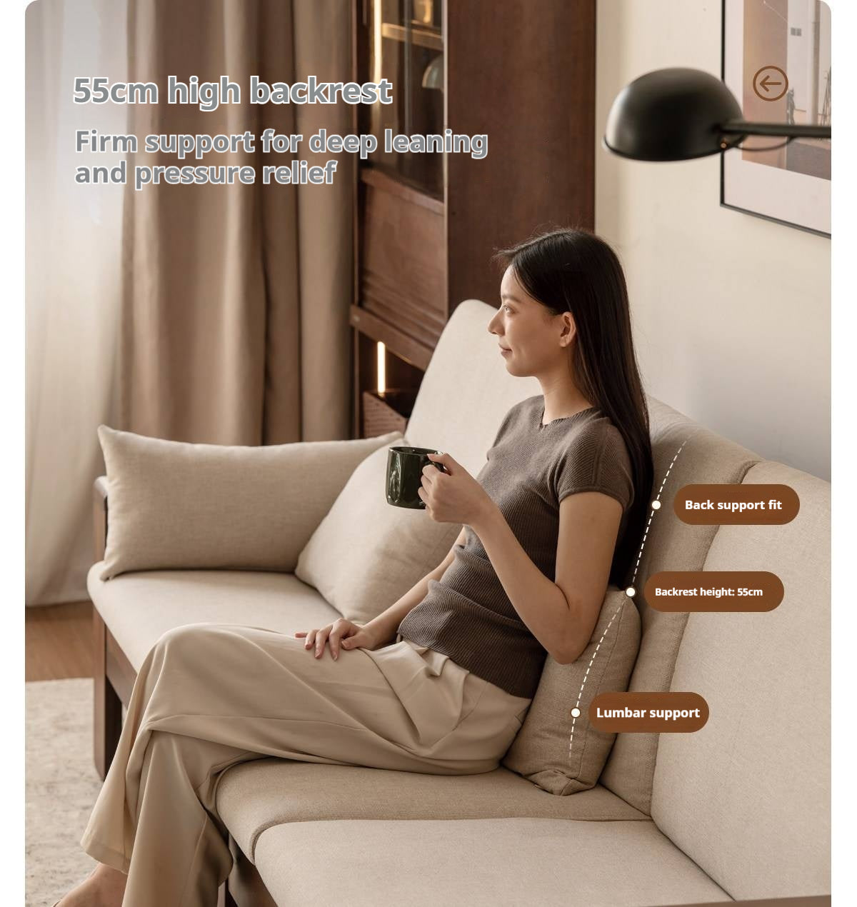 Black Walnut, Sandalwood Solid Wood Fabric Sofa with Raised Legs, Winter/Summer Use
