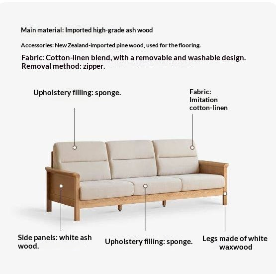 Ash Solid Wood Exposed Wood Frame Sofa with Slat Back Panel