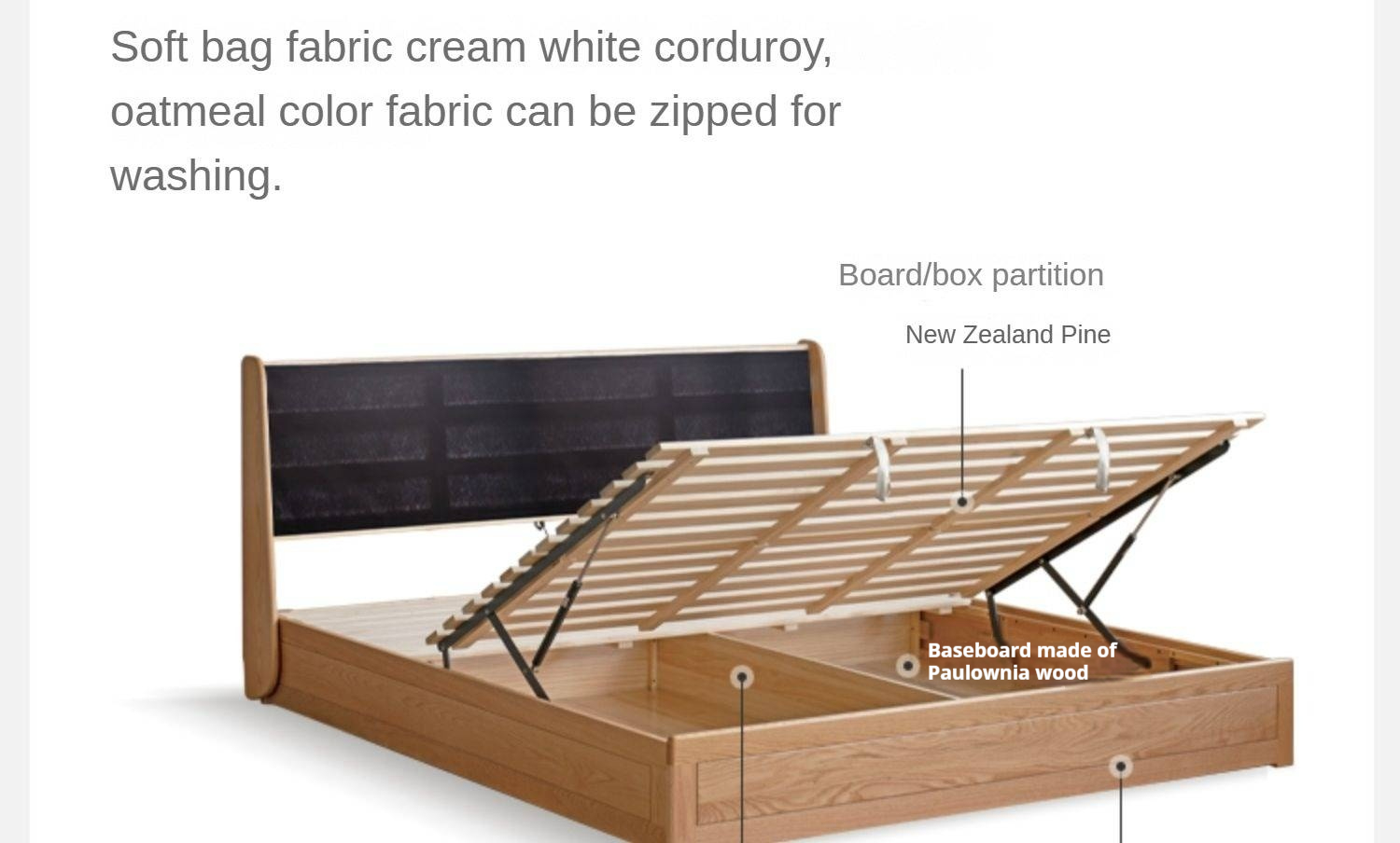 Oak Solid Wood Fabric Box Bed Cream Style