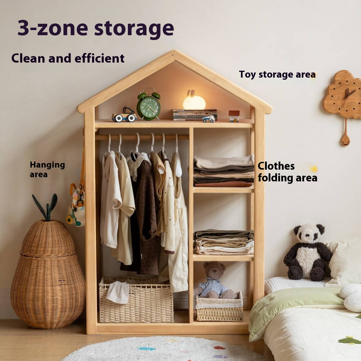 Poplar Solid Wood Children's Toy Storage Cabinet and Wardrobe With Hangers