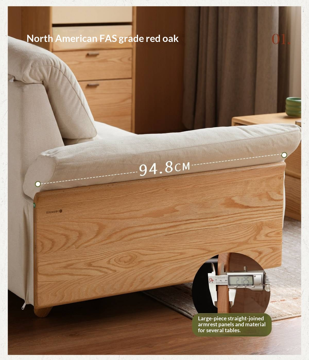 Oak Solid Wood Fabric Sofa, Couch with High Back Cushions, Durable Pet-Friendly Upholstery