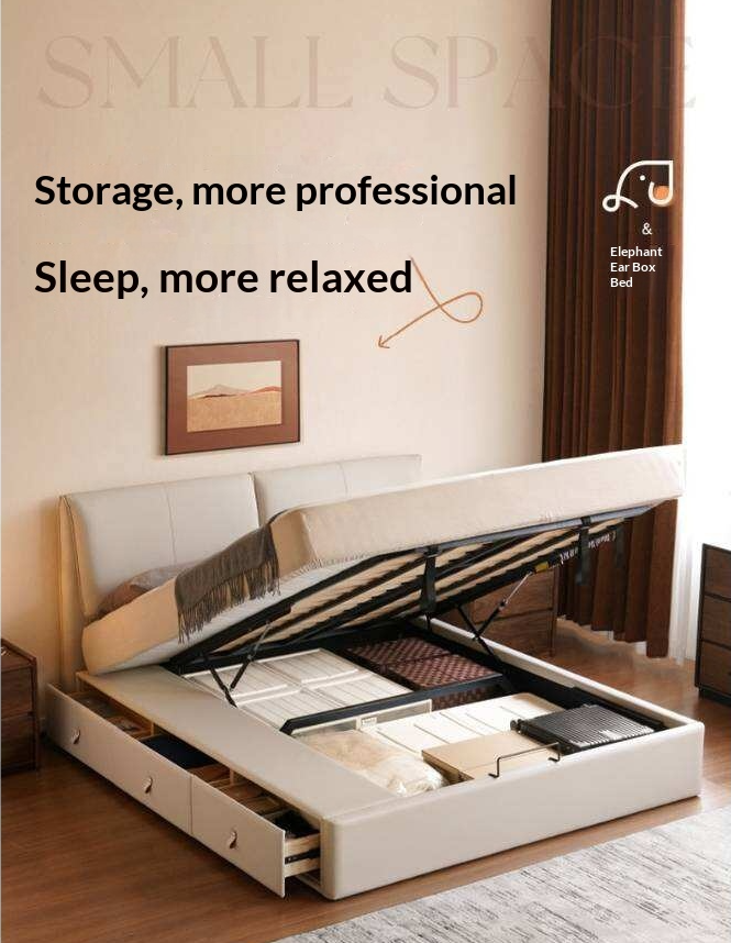 Genuine Leather Upholstered Lift-Up Storage Bed