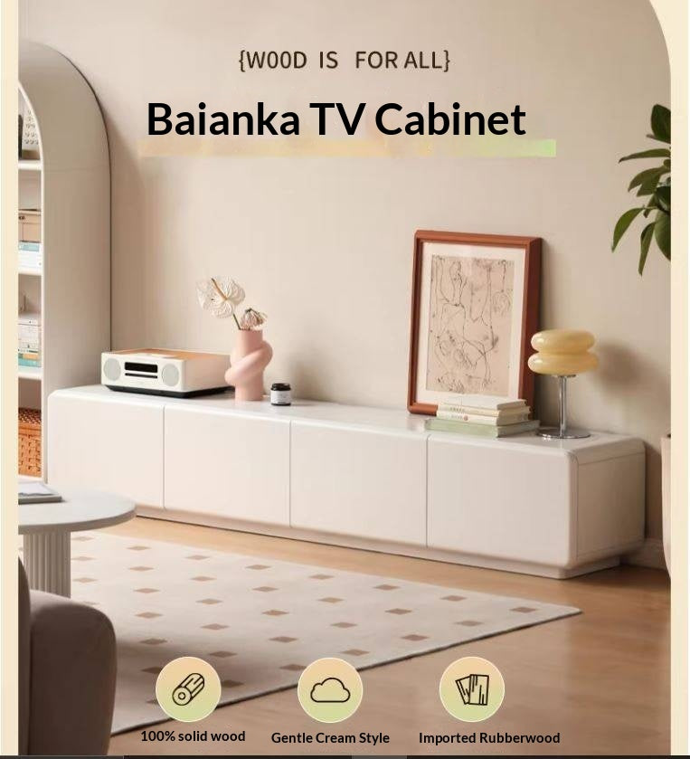 Solid RubberWood Floor TV Cabinet Cream Style.