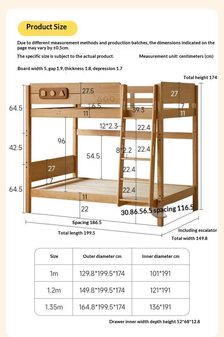 Beech Solid Wood Convertible Bunk Bed with Storage Drawers