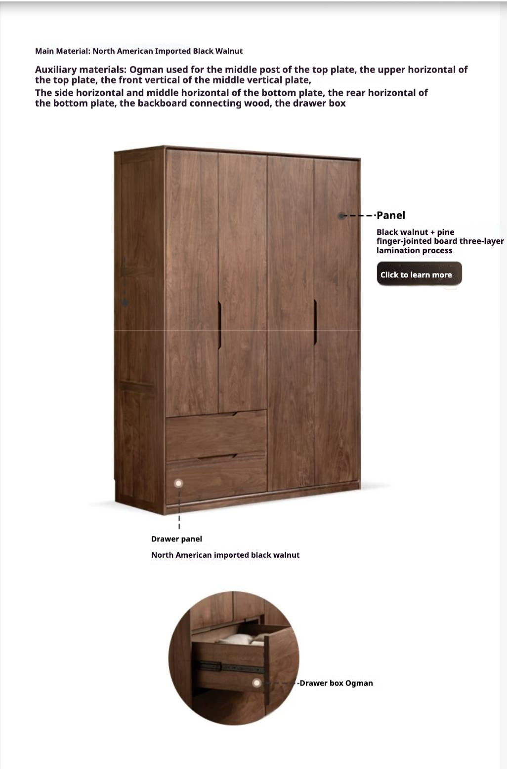 Black Walnut, Sandalwood Solid Wood Large Wardrobe