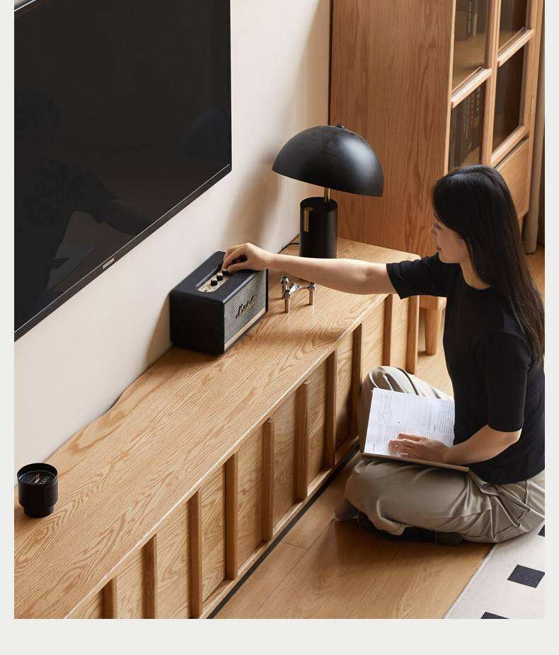 Oak Solid Wood TV Cabinet with Open Frame Storage Design