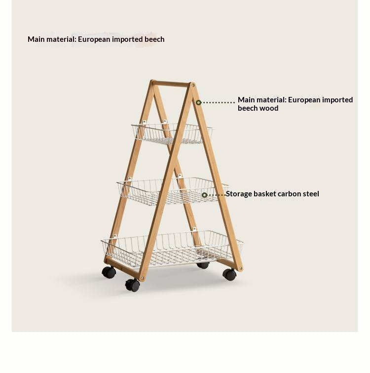 Beech Solid Wood Storage Rack with Multi-Layer and Mobile Trolley
