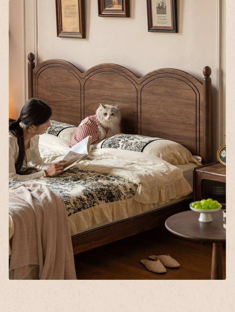 Black Walnut Solid Wood Bed with Arched French Country Headboard and Spindle Legs
