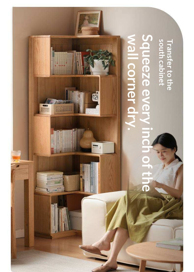 Oak Solid Wood Corner Bookshelf with Floor-Standing Storage Cabinet