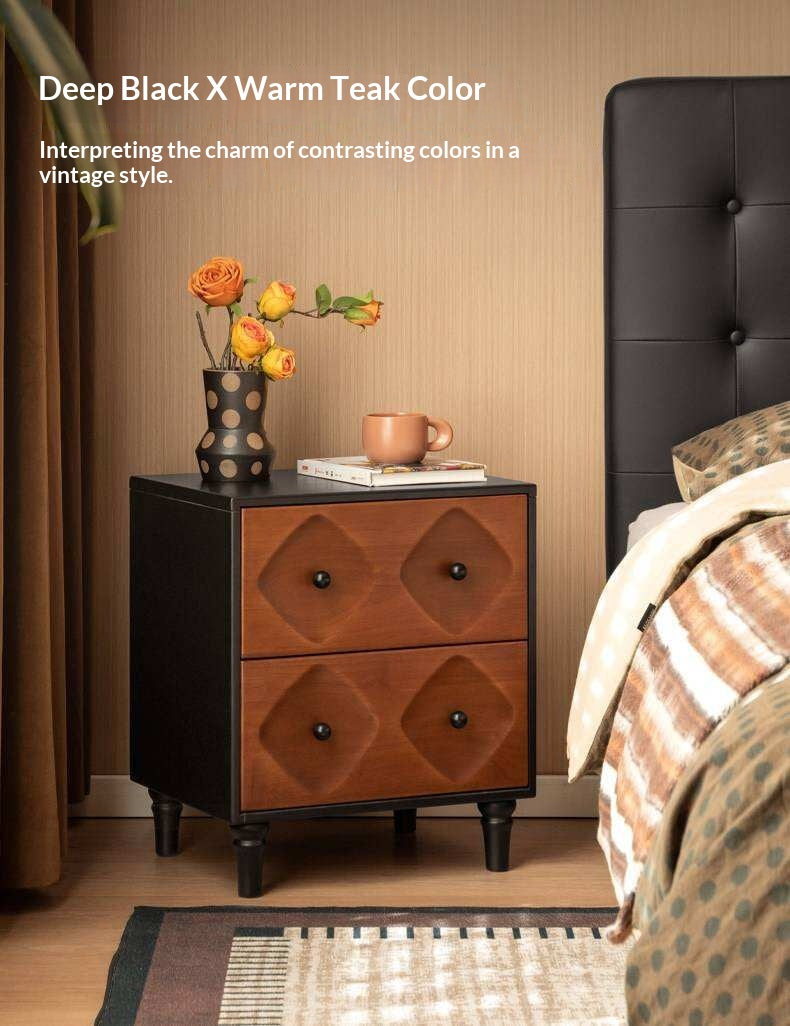 Solid RubberWood Nightstand Mid Century Two-Drawer Storage Cabinet
