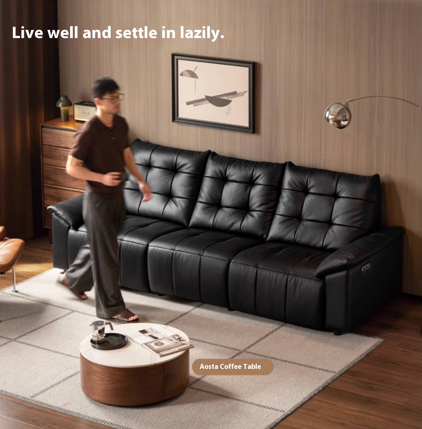 Pine Solid Wood Big Black Functional Leather Sofa