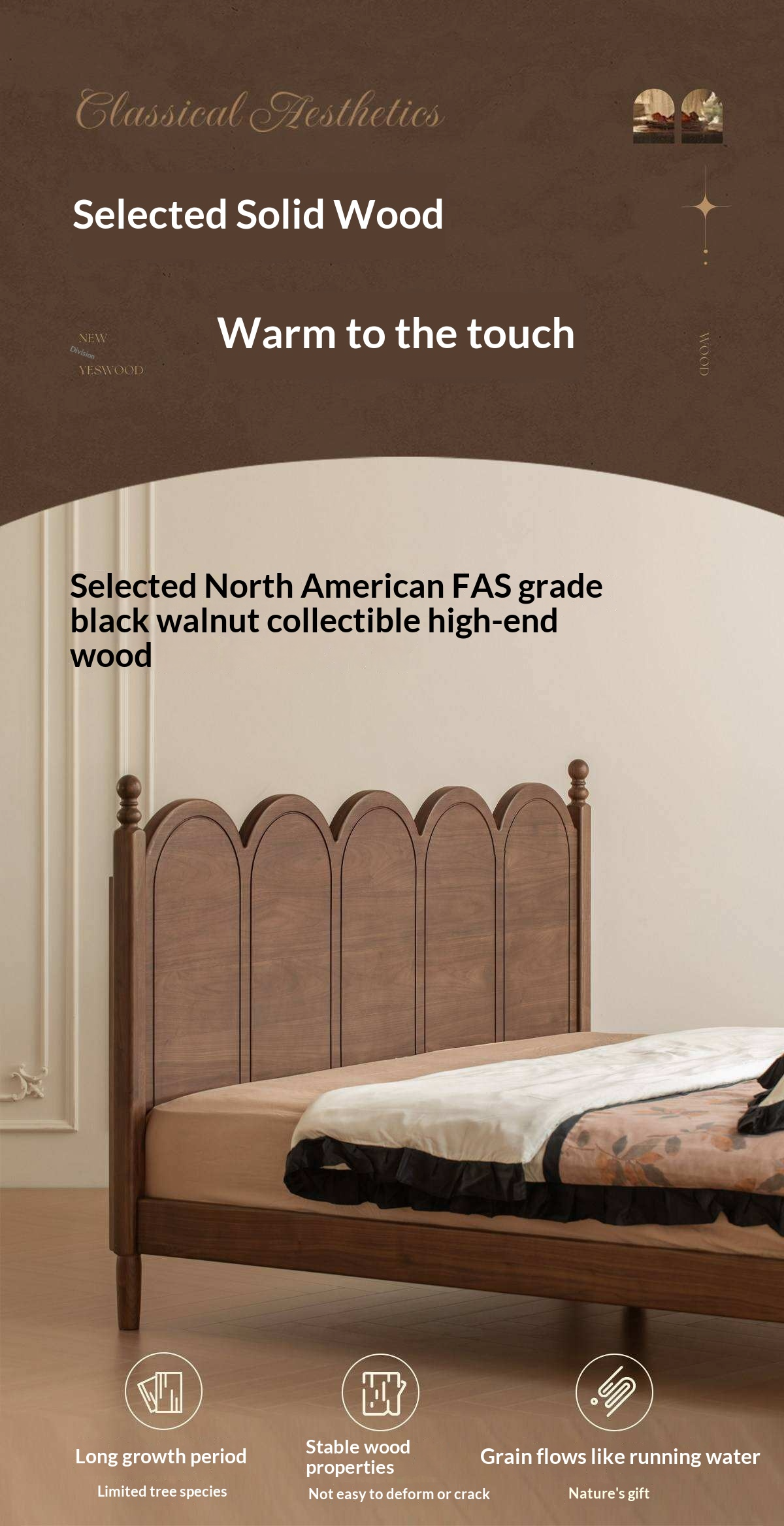 Black Walnut Solid Wood French Country Arched Platform Bed with Turned Posts
