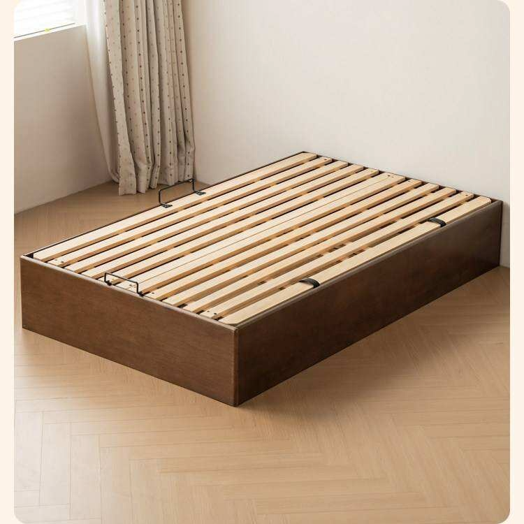 Rubberwood Solid Wood Storage Bed with No Headboard and Side-Opening Lid
