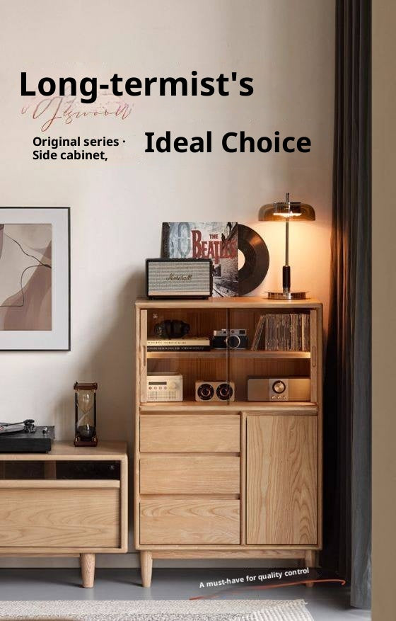 Ash Solid Wood Modern Minimalist Side Cabinet with Light.