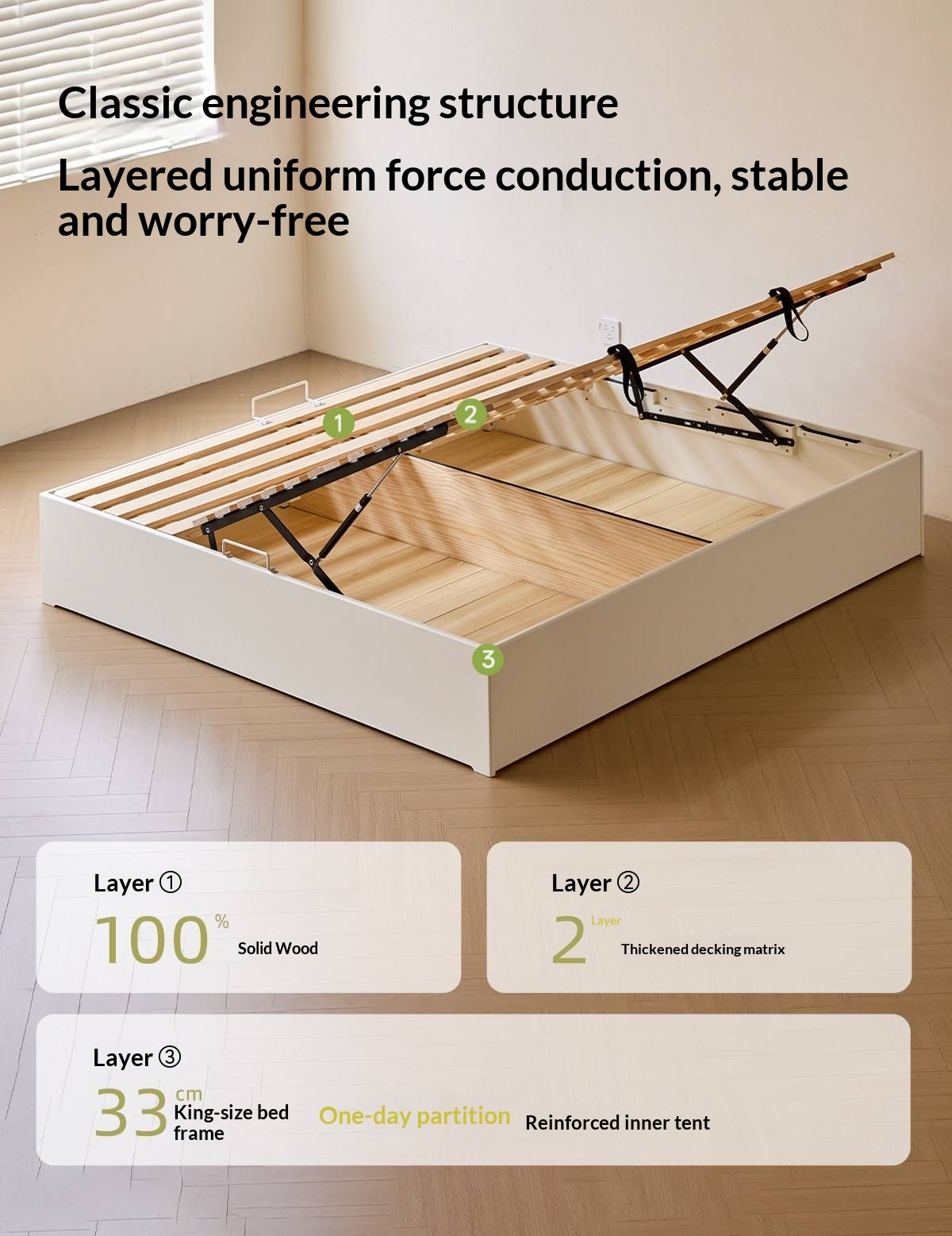 Rubberwood Solid Wood Storage Bed with No Headboard and Side-Opening Lid