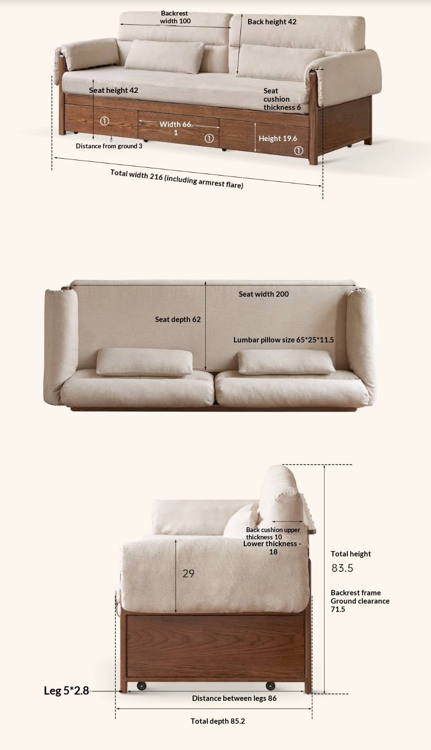 Oak Solid Wood Pull-Out Sleeper Sofa with Under-Seat Storage Drawers