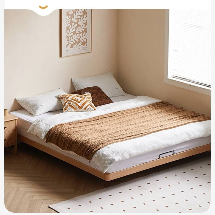 Beech Solid Wood Platform Bed, Headboard-Free Bed, Flush-Edge Floating Bed
