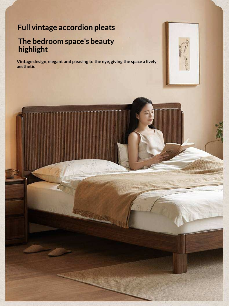 Ebony Solid Wood Bed with Vertical Fluted Panel Headboard and Block Legs