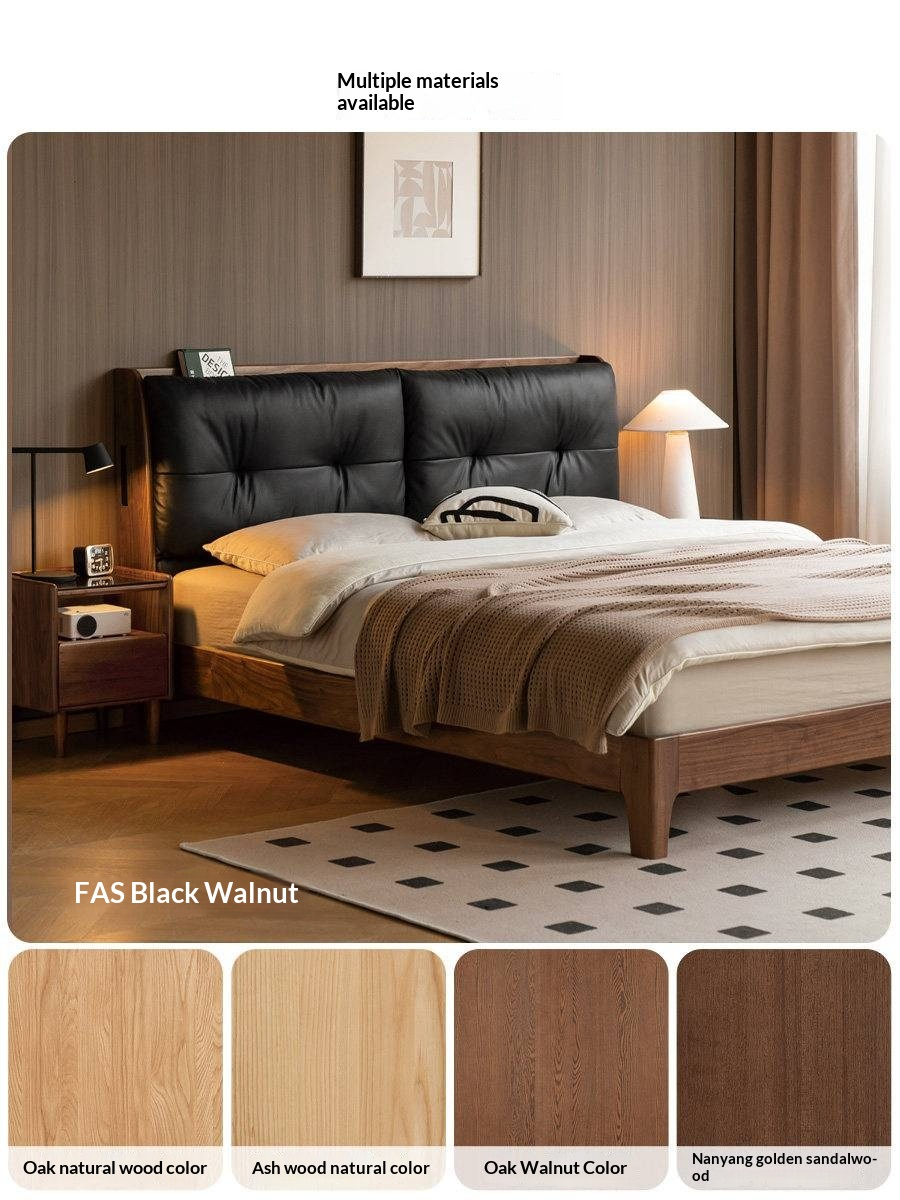 Ash Solid Wood Modern Leather Tufted Platform Bed with USB Charging Port