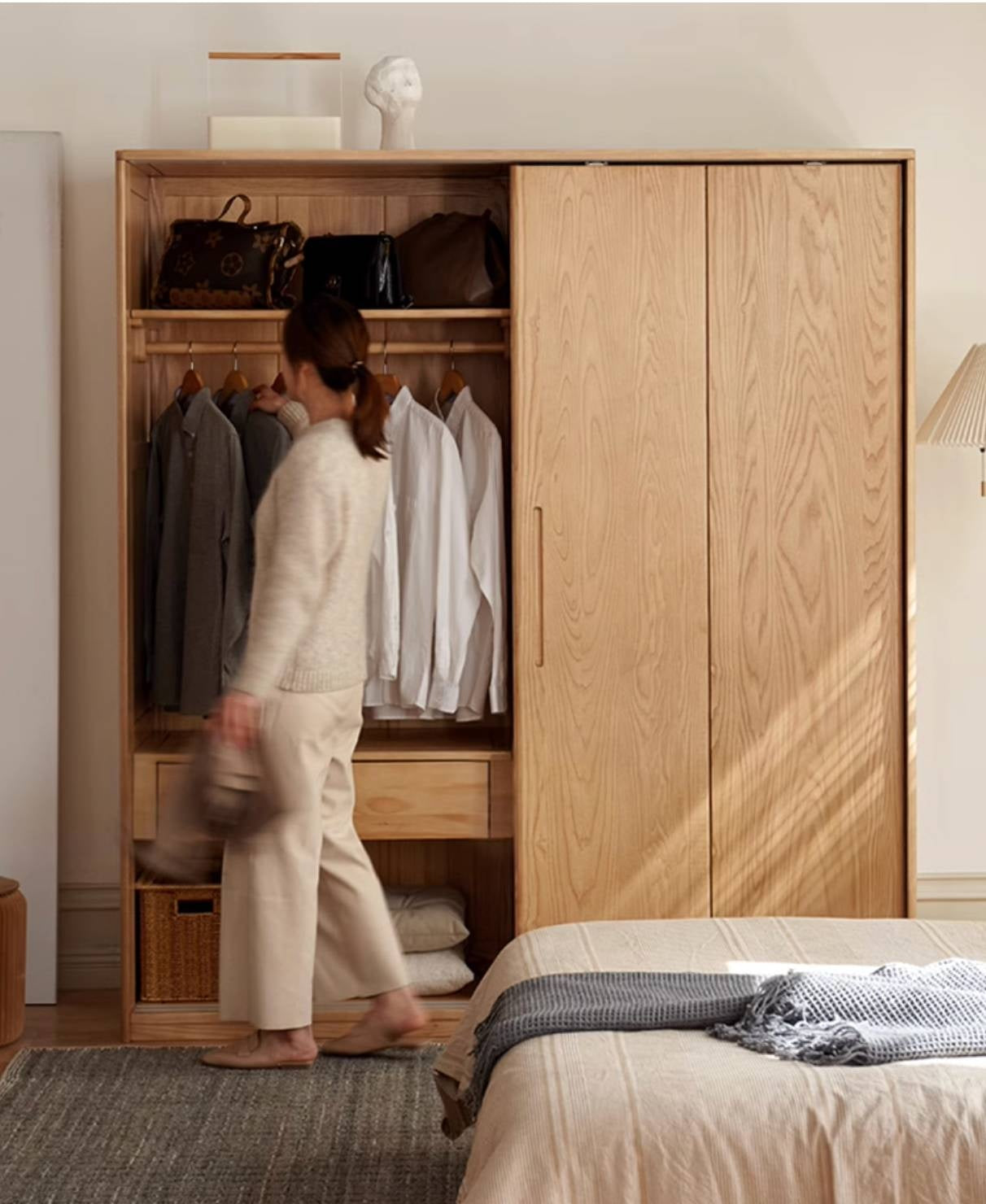 Oak, Ash Solid Wood Wardrobe With Sliding Doors