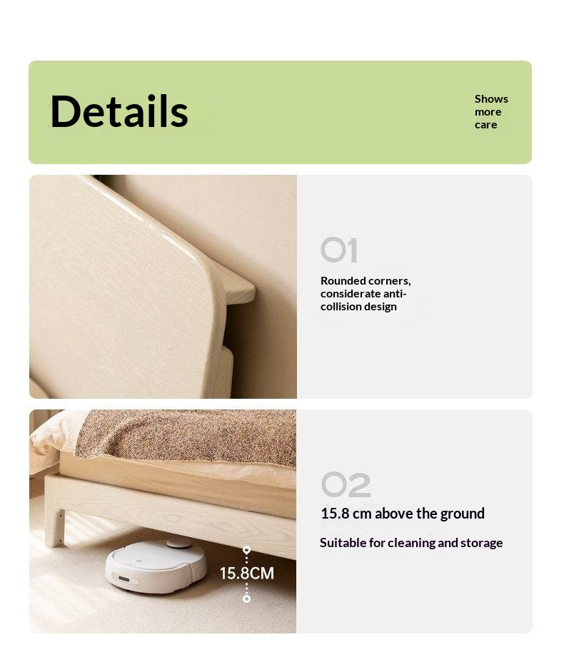 Oak Solid Wood Bed — Cream Style with Slanted Backrest