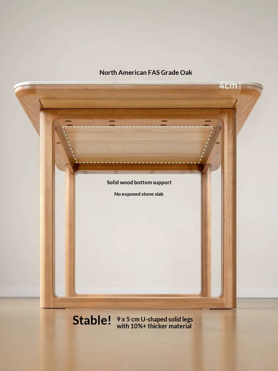 Ash, Oak Solid Wood Rectangular Dining Table with Block Base Wood Legs and Stone Top