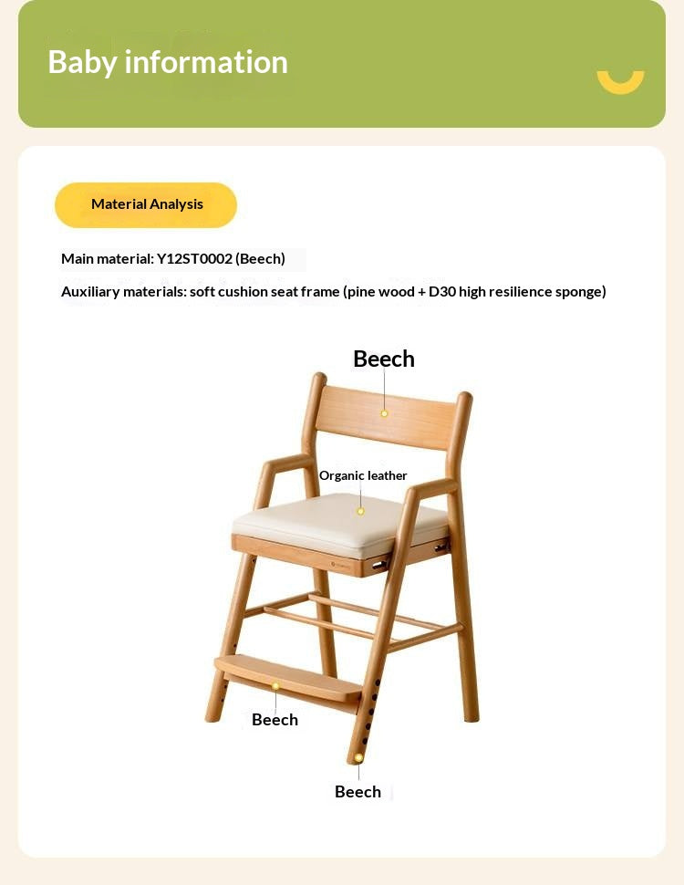 Oak, Beech Solid Wood Kids Chair Height-Adjustable