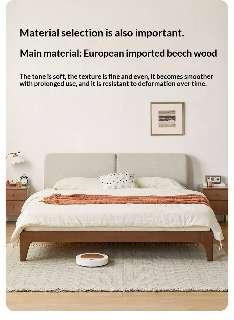 Beech Solid Wood Bed — Nordic Style, Modern Minimalist Design