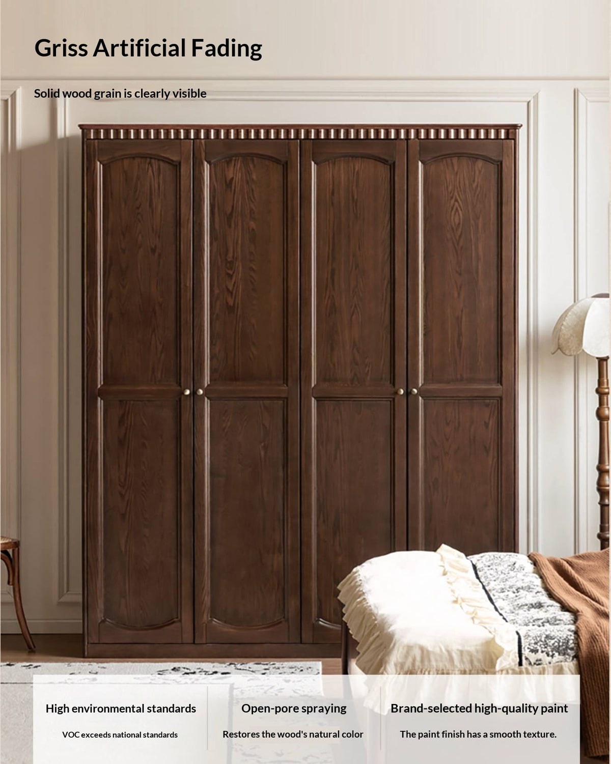Ash Solid Wood Traditional 4-Door Armoire with Raised Panel Doors and Crown Molding