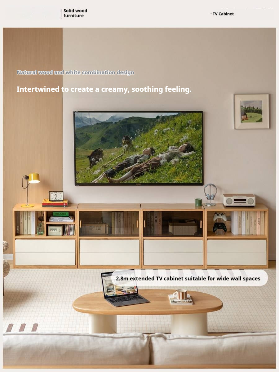 Oak Solid Wood Modular TV Cabinet System with Two-Tone Sliding Doors