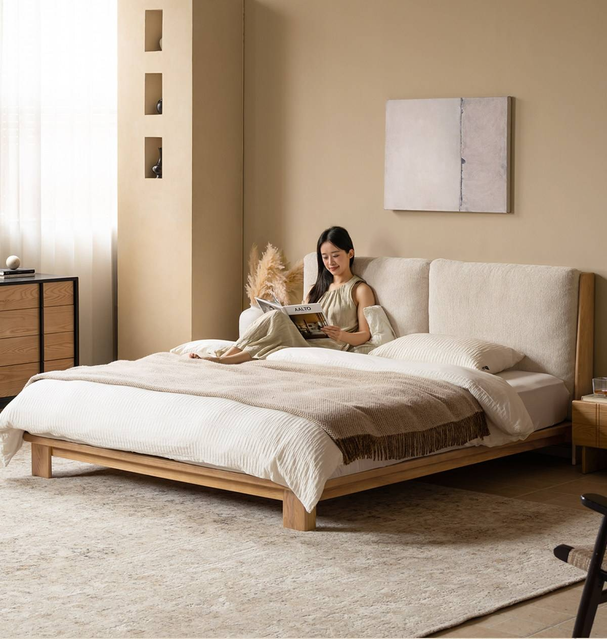 Ash Solid Wood Platform Bed with Split Panel Upholstered Headboard